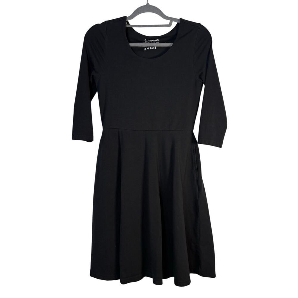 Pact Organic Cotton Black Fit & Flare Midi Dress With Pockets 3/4 Sleeve Small